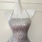 Shiny A Line Spaghetti Strap Silver Sequin Short Open Back Homecoming Dress Cocktail Dress SH3005