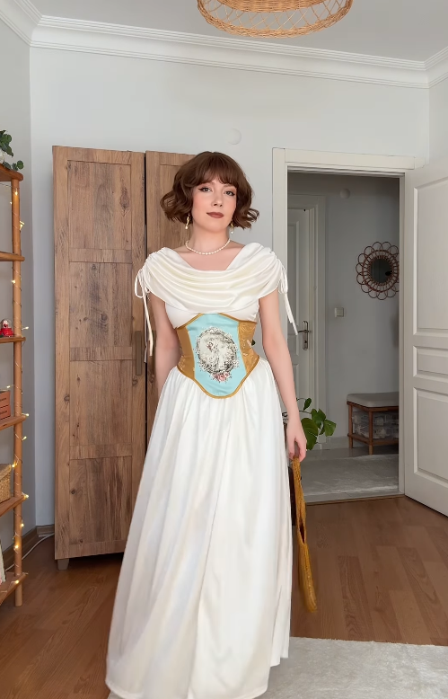 Vintage A Line Round Neck White Satin Prom Dress Evening Dress SH4875