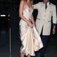 Unique A Line Spaghetti Strap Champagne Lace Satin Prom Dress Evening Dress with Slit SH2368