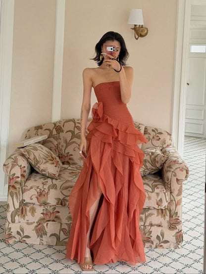 Rustflare A Line Strapless Ruffle Chiffon Long Prom Dress Date Dress with Slit SH7001