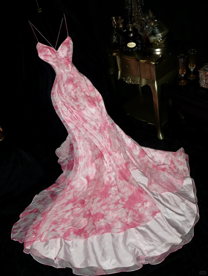Elegant Mermaid Spaghetti Strap Pink Print Floral Beaded Chiffon Long Prom Dress Evening Dress SH3107