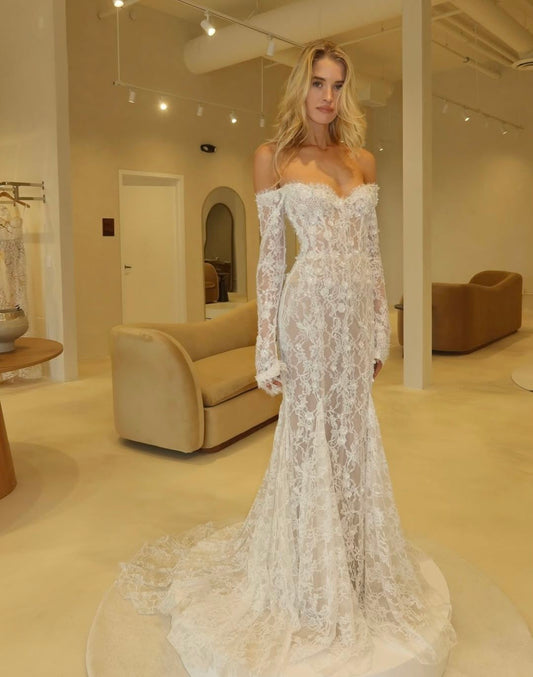 White Sexy Mermaid Long Sleeve Lace Long Wedding Dress SH7441