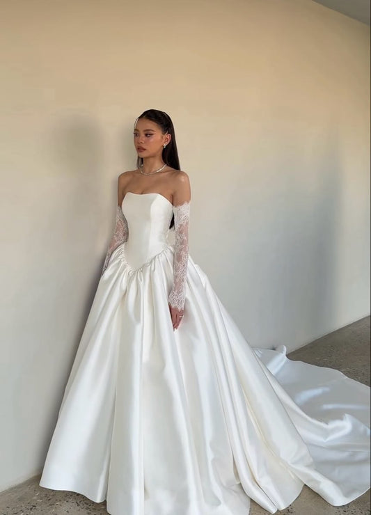 Beautiful Ball Gown Strapless White Satin Long Train Wedding Dress SH6189
