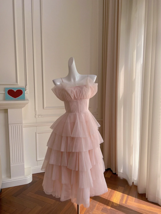 Elegant A Line Spaghetti Strap Layered Light Pink Tulle Short Homecoming Dress Cocktail Dress SH3007