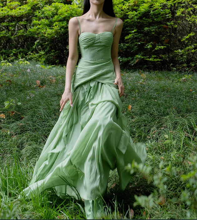 Flowy Ruffle Green A Line Spaghetti Strap Chiffon Evening Dress Party Dress SH3483