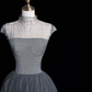 Simple Grey A Line High Neck Satin Tulle Long Prom Dress Graduation Prom Dress SH2521