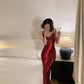 Simple Burgundy Sheath Spaghetti Strap Satin Party Dress Evening Dress SH2854