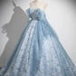 A Line Sweetheart Neck Blue Tulle Lace Long Prom Dress Evening Dress SH1740