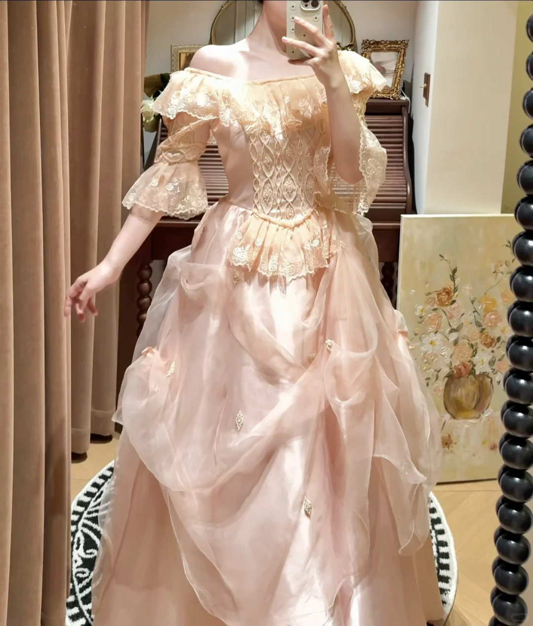 Vintage Light Pink Ball Gown Sleeve Lace Organza Satin Prom Dresses 18th Birthday Dresses SH4642
