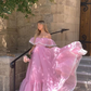 Pink Tulle Off The Shoulder Lace  Long Prom Dress，Elegant Evening Dress SH716