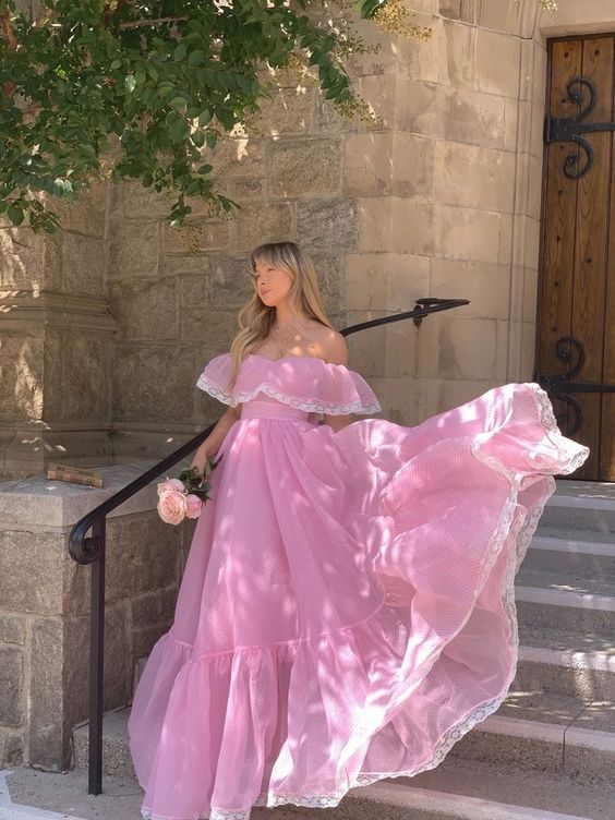 Pink Tulle Off The Shoulder Lace Trim Long Prom Dress，Elegant Evening Dress SH716