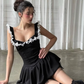 Cute A Line Strap White Lace Black Satin Short Homecoming Dress Outfits SH5479