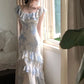 Gentle Mermaid Strap Print Flower Blue Chiffon Party Dress Evening Dress SH2869