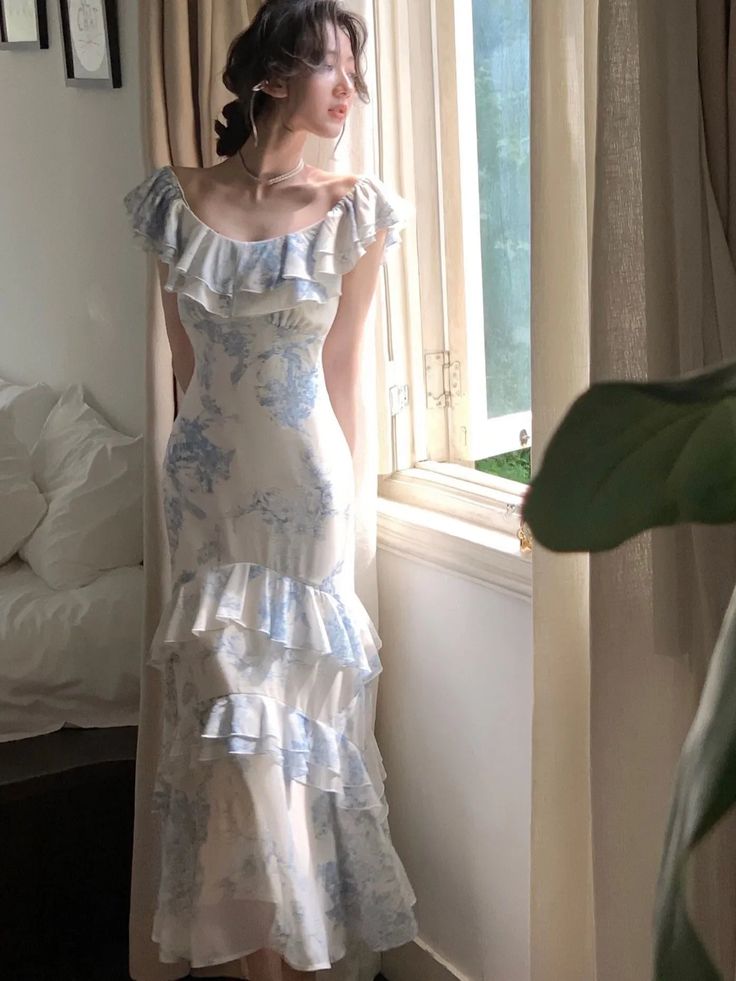 Gentle Mermaid Strap Print Flower Blue Chiffon Party Dress Evening Dress SH2869