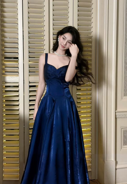 Elegant Navy Blue A Line Straps Satin Wedding Guest Dress Prom Dress SH5222