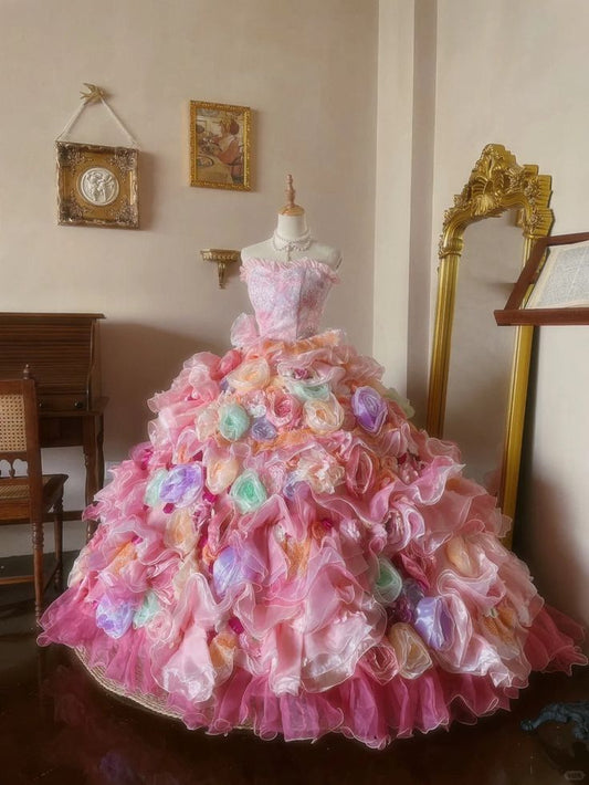 Princess Dreamy Colorful Flower Sweetheart Neck Ball Gown Organza Prom Dress Birthday Dress SH3632