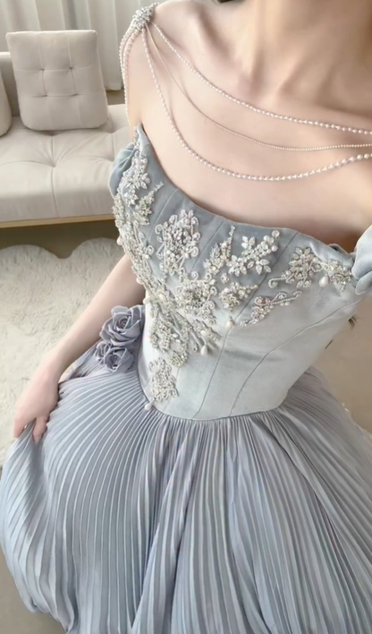 Grey A Line Off the Shoulder Exquisite Beaded Velvet Satin Long Prom Dress SH5034