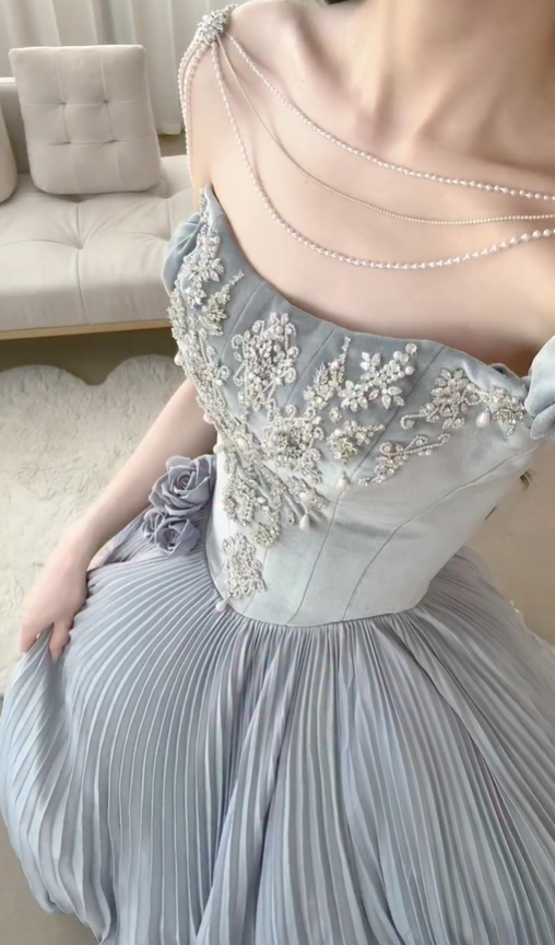 Grey A Line Off the Shoulder Exquisite Beaded Velvet Satin Long Prom Dress SH5034