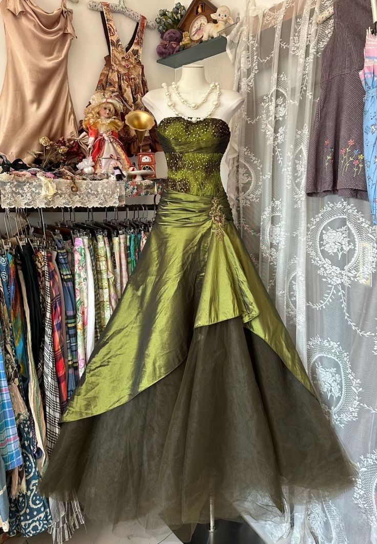 Vintage A Line Strapless Appliques Green Satin Tulle Long Party Dress Evening Dress SH2846