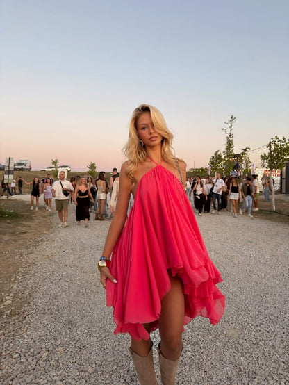 Ethereal A Line Halter Hot Pink Chiffon Backless Short Homecoming Dress Mini Dress SH8041