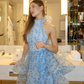 Dreamy Blue A Line Halter Print Layered Organza Short Homecoming Dress Outfits SH6496