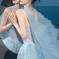 Gorgeous A Line Strapless Beaded Blue Tulle Long Party Dress Evening Dress SH2812