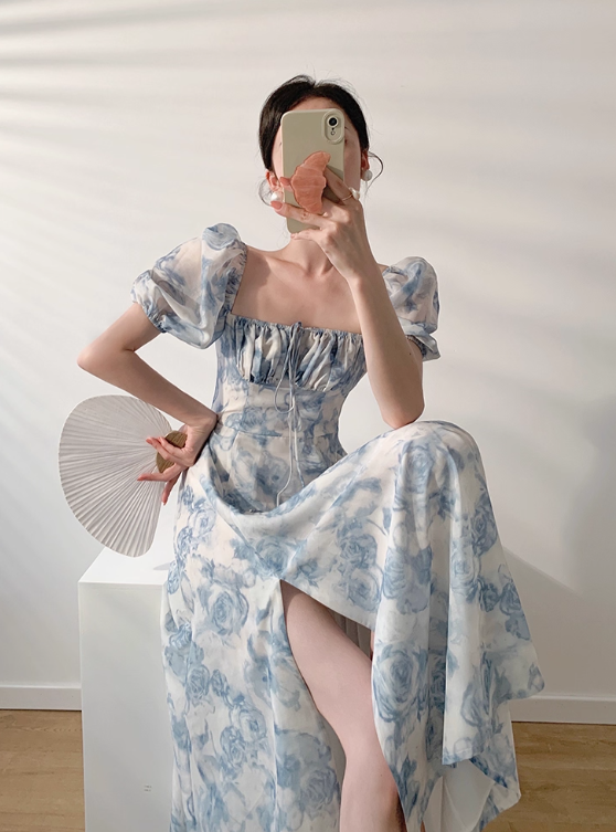 Blue Rose A Line Puff Chiffon Prom Dress Outfits with Slit SH4729