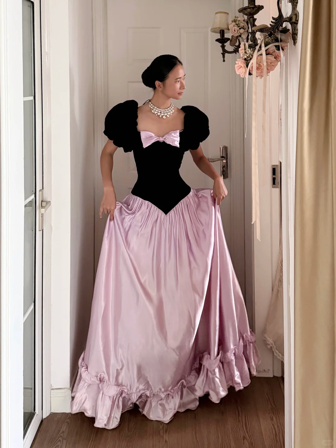 Retro Princess A Line Puff Sleeve Pink Satin Black Velvet Long Prom Dress Evening Dress SH6047