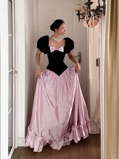 Retro Princess A Line Puff Sleeve Pink Satin Black Velvet Long Prom Dress Evening Dress SH6047