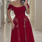 Gentle A Line Off the Shoulder Red Beaded Velvet Long Prom Dress SH5303