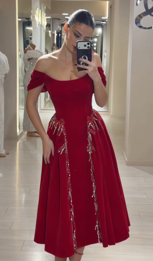 Gentle A Line Off the Shoulder Red Beaded Velvet Long Prom Dress SH5303
