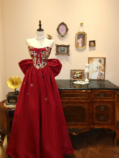 Stunning Red A Line Strapless Floral Sequin Satin Long Prom Dress Evening Dress SH7387
