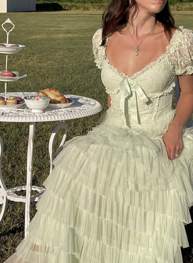 Stunning A Line Puff Green Lace Layered Tulle Prom Dress Evening Dress SH4877