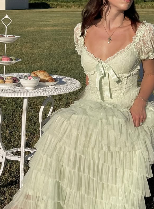 Stunning A Line Puff Green Lace Layered Tulle Prom Dress Evening Dress SH4877