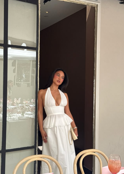 White A Line Halter Satin Backless Long Prom Dress Evening Dress SH8972