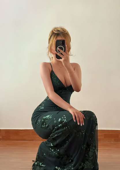 Emerlad Sheath Spaghetti Strap Sequin Satin Prom Dress Evening Dress SH6879