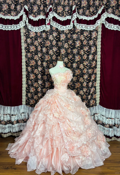 Vintage Princess Light Pink Ball Gown Floral Layered Organza Prom Dress Sweet 16 Dress SH5796