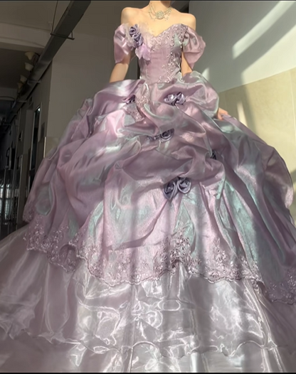 Dreamy Purple Ball Gown Off the Shoulder Rose Beaded Organza Prom Dress Party Dress SH5027
