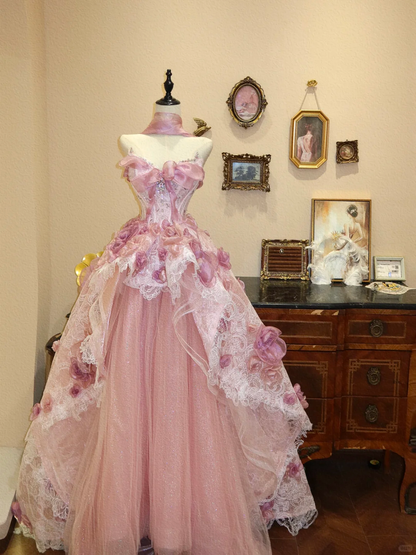 Pink A Line Strapless Beaded Floral Tulle Lace Long Prom Dress Evening Dress SH7381