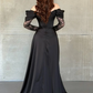 Elegant Black A Line Long Sleeve Lace Satin Prom Dress Evening Dress SH6013