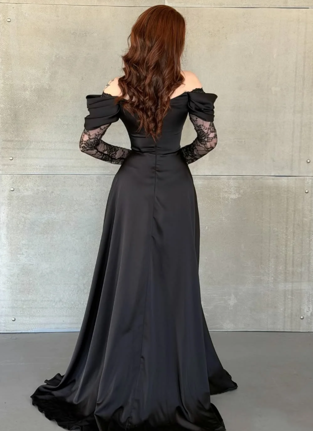 Elegant Black A Line Long Sleeve Lace Satin Prom Dress Evening Dress SH6013