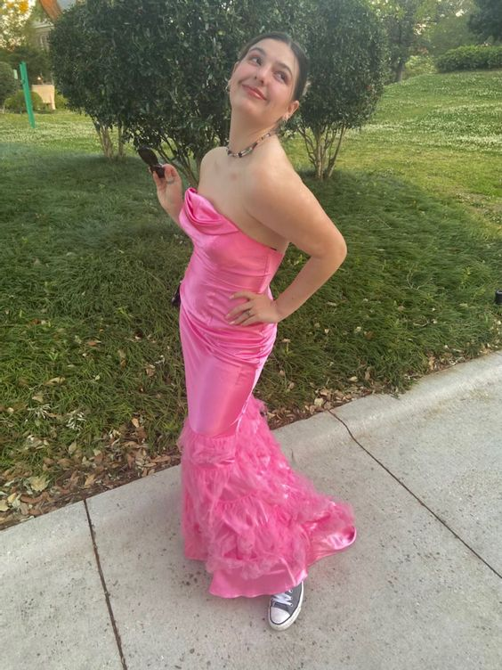Pink Strapless Mermaid Tulle Ruffles Prom Dress Elegant Party Dress SH1164