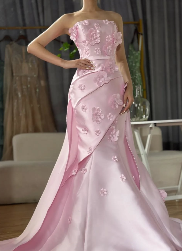 Sweet Pink Mermaid Strapless 3D Floral Satin Prom Dress Evening Dress SH1902