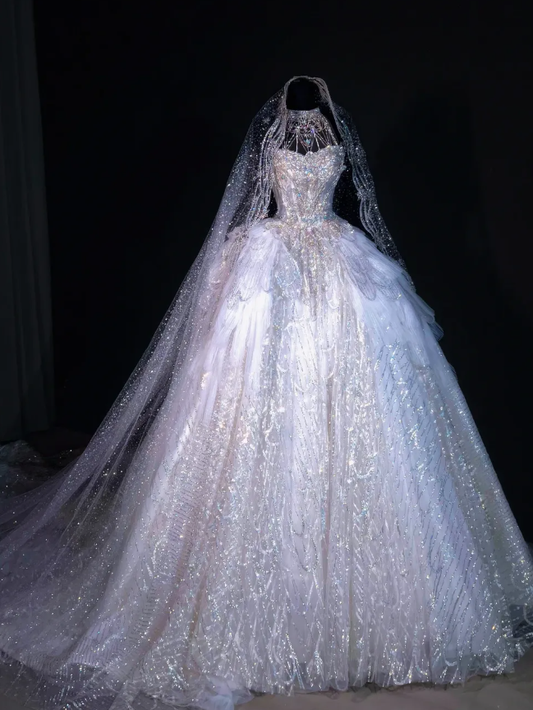 Silver Ball Gown Halter Rhinestone Sequin Tulle Long Prom Dress SH3243