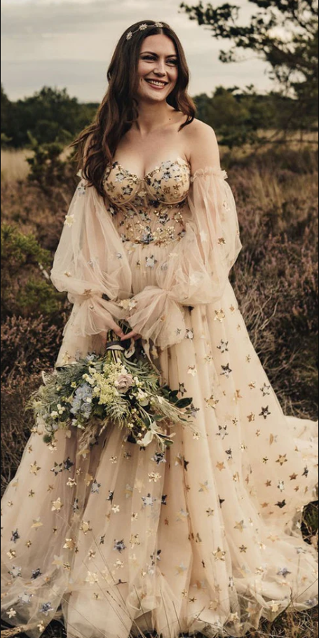 Sweetheart Champagne Tulle Bubble Sleeves Long A Line Prom Dress Beaded Evening Dress KS7039