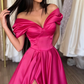 Hot Pink A Line Off the Shoulder Satin Prom Dress with Slit SH5464