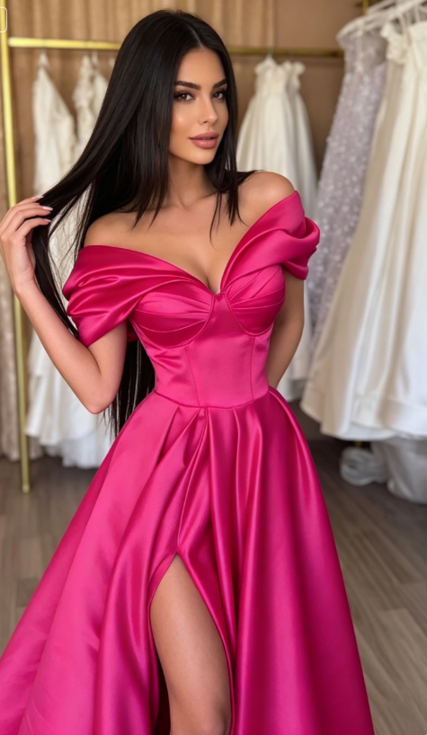 Hot Pink A Line Off the Shoulder Satin Prom Dress with Slit SH5464