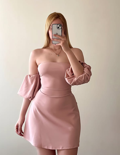 Sweety Pink A Line Puff Sleeve Satin Short Prom Dress Homecoming Dress SH9064
