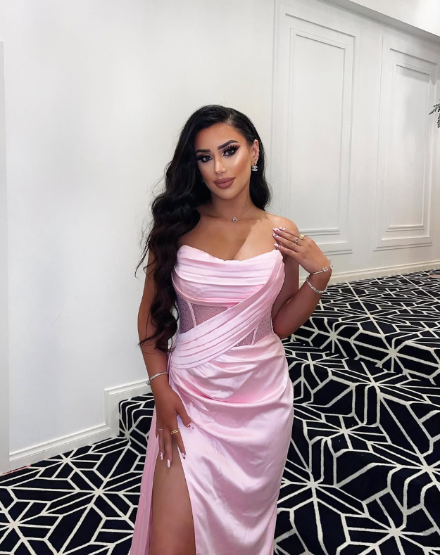 Pink A Line Strapless Corset Satin Long Prom Dress Evening Dress with Slit SH1913