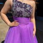 Beautiful A Line One Shoulder Beaded Purple Tulle Long Prom Dress Evening Dress SH7234